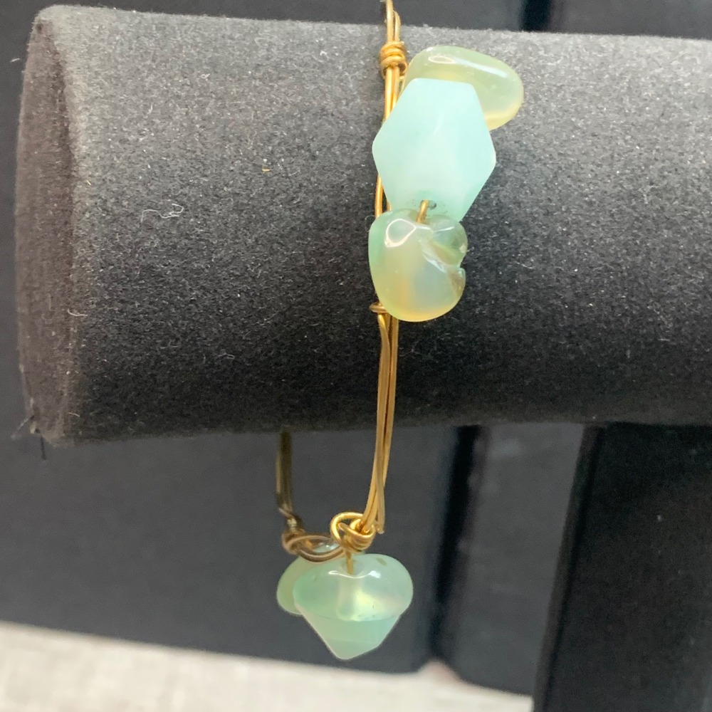 Gold Tone Wire Wrapped Bangle Bracelet Mint Green Blue Stone 8 Inch 5342